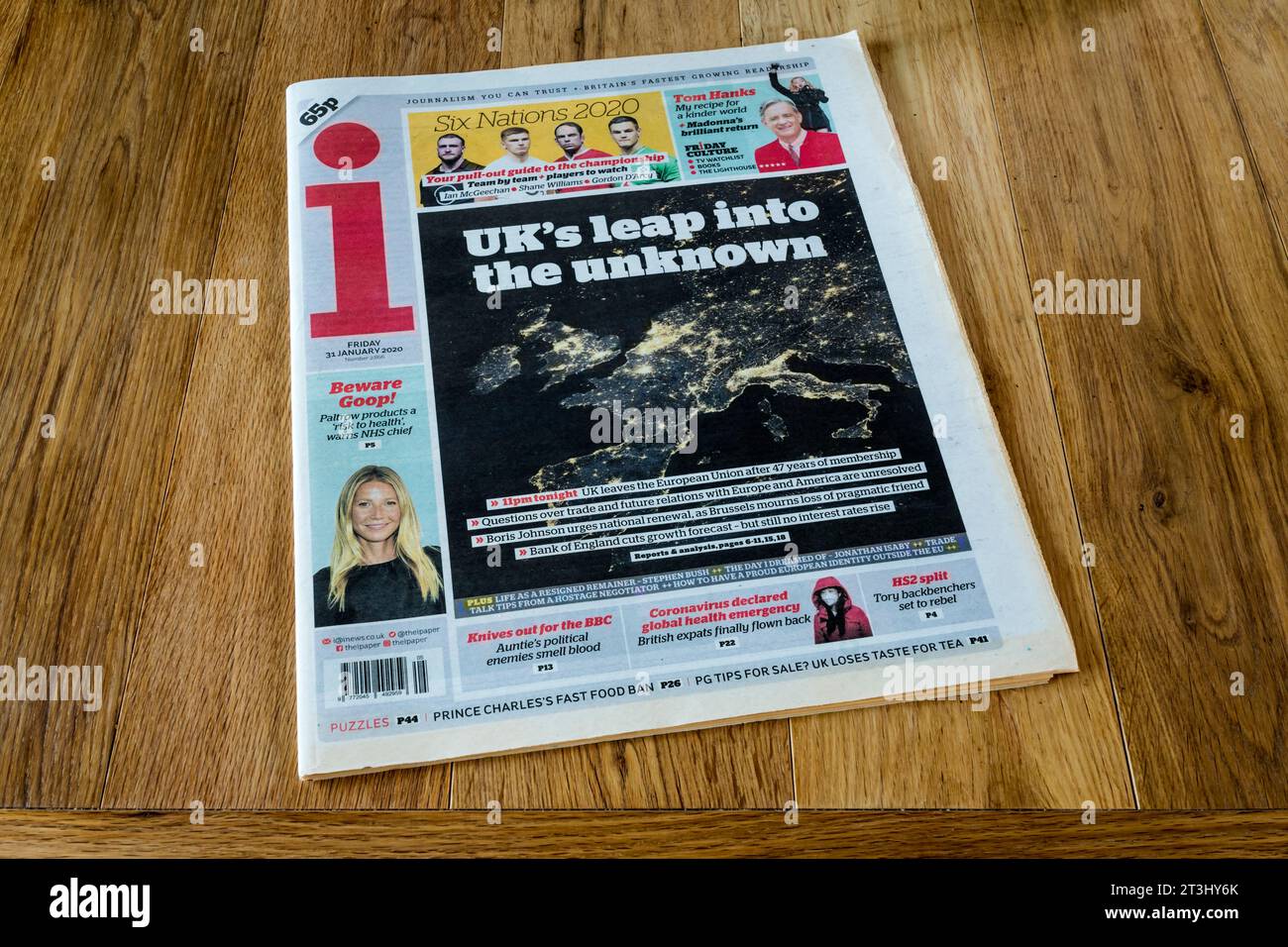 31. Januar 2020. Die Titelseite der Zeitung i am Tag des Austritts Großbritanniens aus der EU. Stockfoto