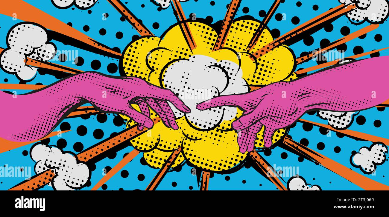 Vintage-Retro-Comics-Boom-Explosion mit Touch-Händen von adam von michelangelo. Vektorabbildung Stock Vektor