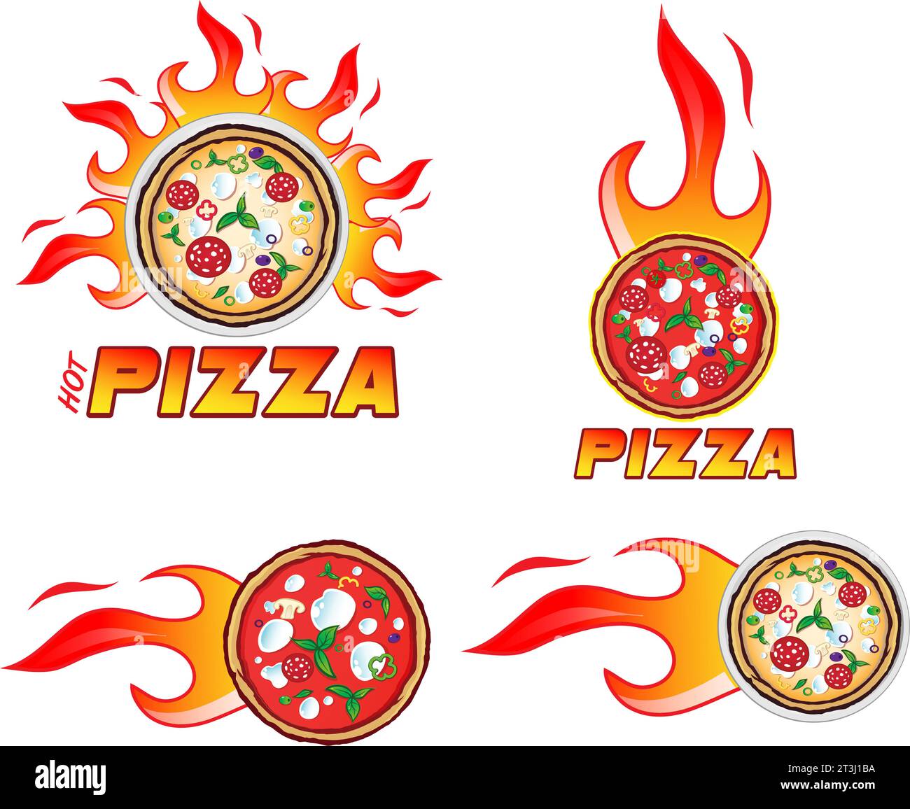 Vektor Logo Set Pizzeria mit Flamme.Design Vorlage Stock Vektor