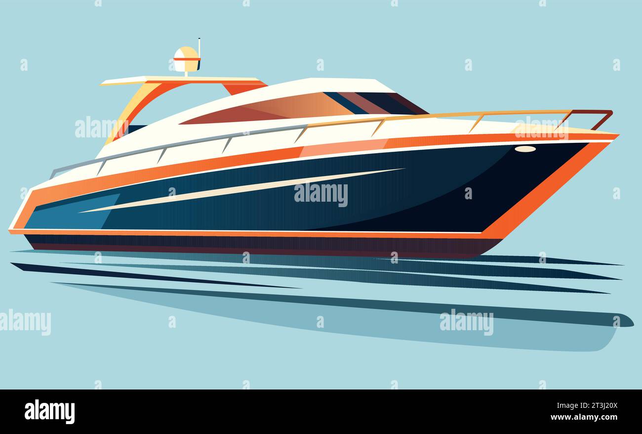 Eine elegante Yacht mit leuchtenden orangefarbenen und weißen Akzenten gleitet auf ruhigem Wasser. Das stromlinienförmige Design zeigt moderne Eleganz vor einem sanften blauen Hintergrund. Stock Vektor