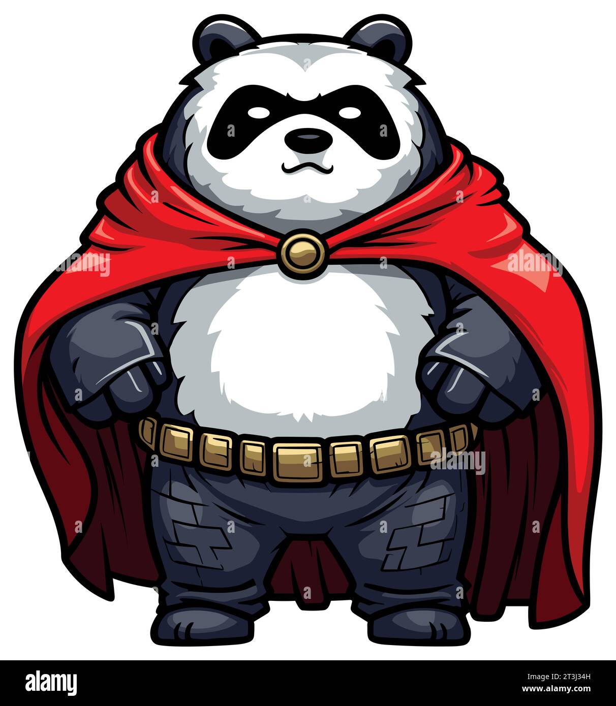 Illustrierendes Porträt eines mächtigen Panda-Superhelden mit rotem cape und Blick auf die Kamera vor weißem Hintergrund Stock Vektor