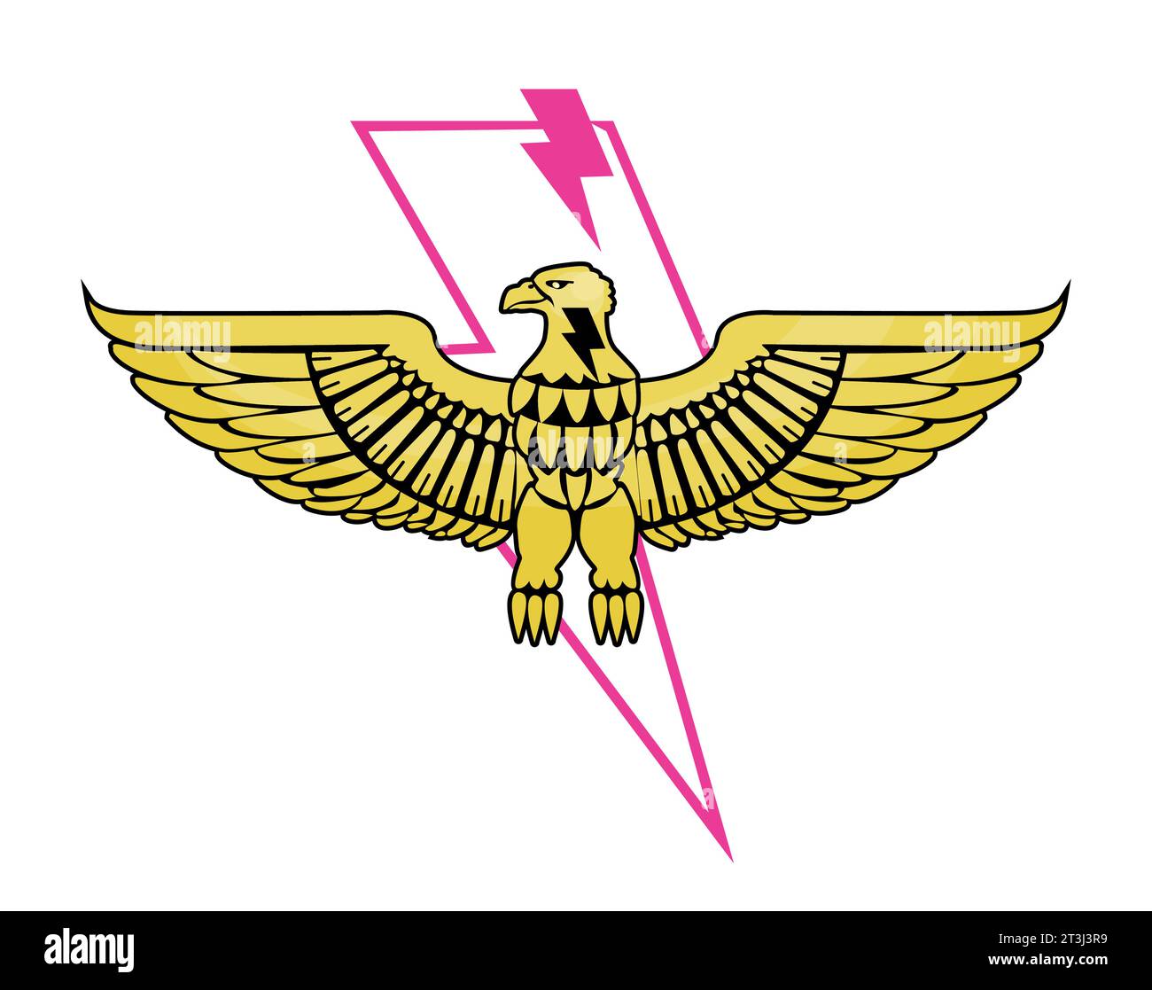 Design für ein goldenes AdlerT-Shirt neben dem rosa Blitzsymbol. Stock Vektor