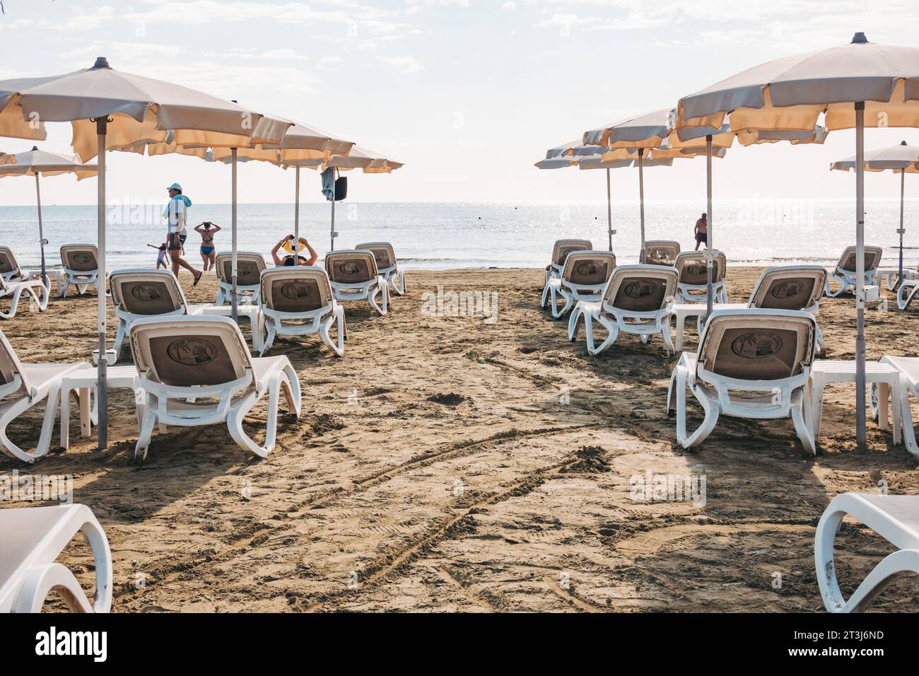 Liegestühle und Sonnenschirme stehen für Kunden am Strand von Finikoudes, Larnaca, Zypern bereit Stockfoto