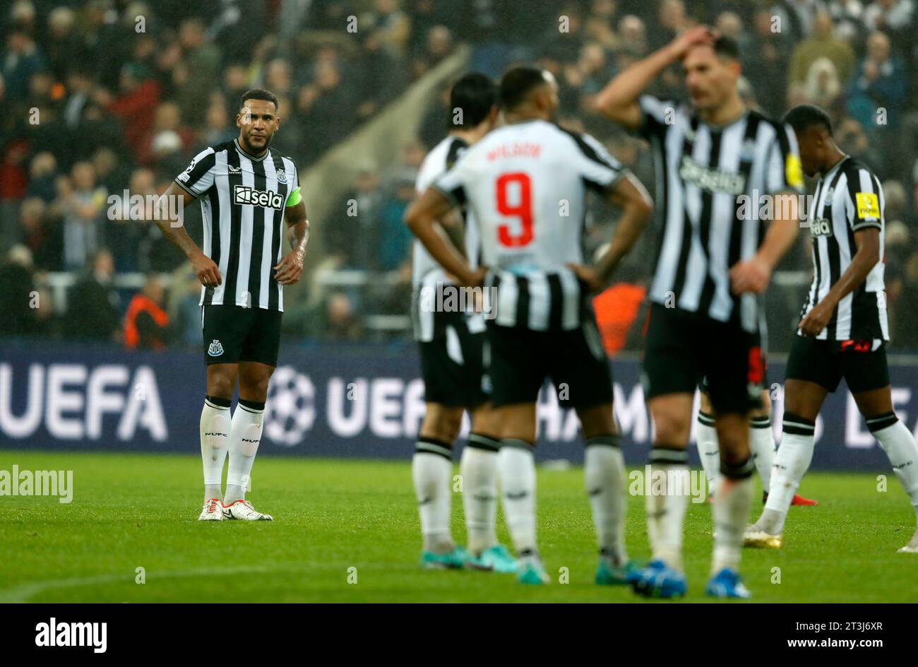 Jamaal Lascelles von Newcastle United reagiert auf das Spiel der UEFA Champions League Gruppe F in St. James' Park, Newcastle upon Tyne. Bilddatum: Mittwoch, 25. Oktober 2023. Stockfoto