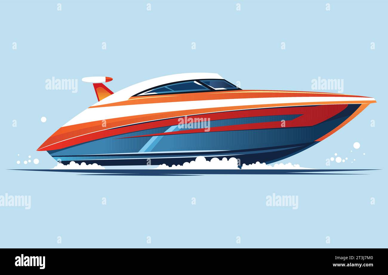 Eine elegante Yacht mit leuchtenden orangefarbenen und weißen Akzenten gleitet auf ruhigem Wasser. Das stromlinienförmige Design zeigt moderne Eleganz vor einem sanften blauen Hintergrund. Stock Vektor