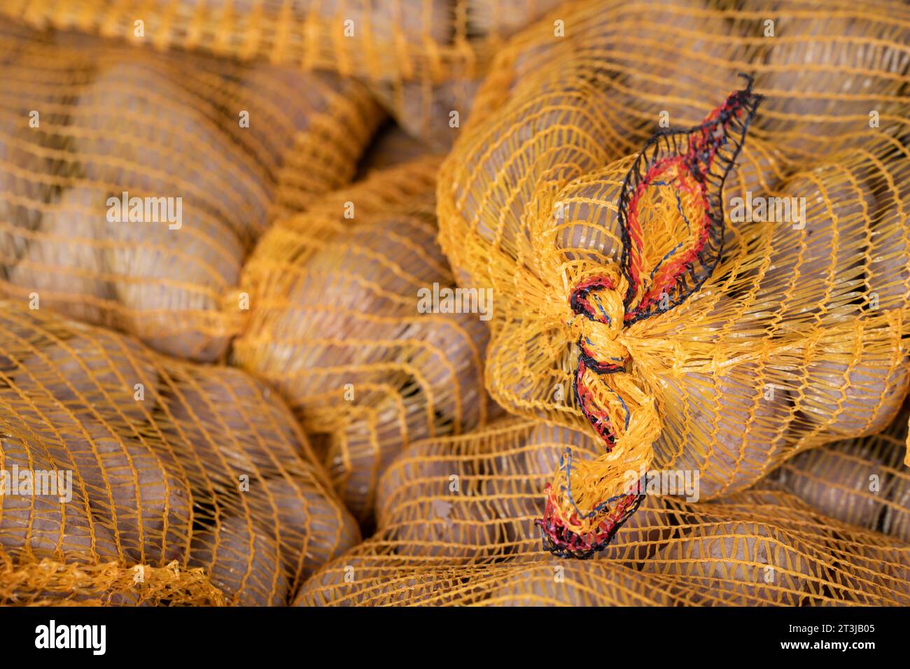 Nahaufnahme von frisch geernteten Kartoffeln in Säcken. Die Kartoffelsäcke sind aus Maschen gefertigt und oben gebunden. Die Farben der Beutel befinden sich im Stockfoto