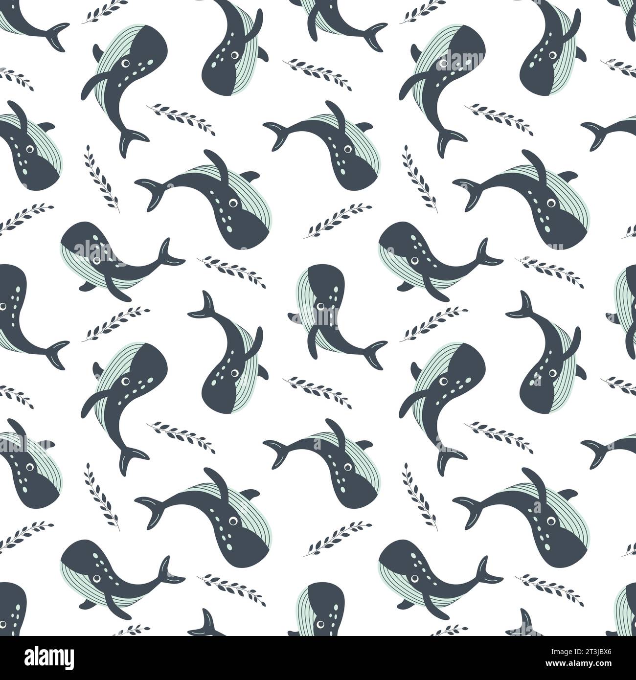 Nahtloses Muster mit Meerestieren. Blauwal im Ozean zwischen Meerespflanzen auf weißem Hintergrund. Vektorillustration. Design für Kinderteig, p Stock Vektor