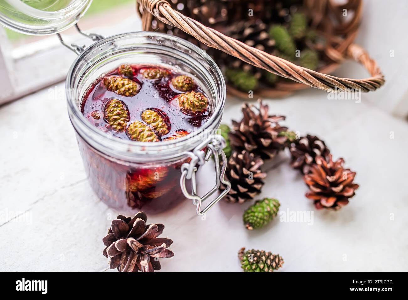 Ein Glas mit Pinienkegelmarmelade, ein Geschenk aus der Natur, das man alleine genießen oder für einen köstlichen und nahrhaften Tee verwenden kann, um Halsschmerzen zu lindern Stockfoto