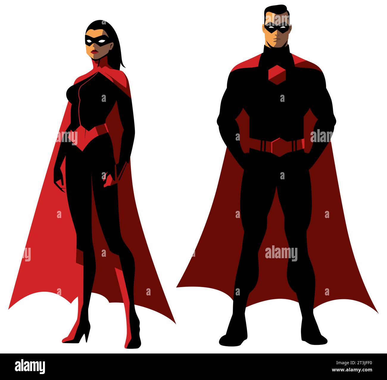 Zwei Superhelden stehen souverän in fließenden roten Umhängen. Die Frau mit ihrer auffälligen schwarzen Maske und ihrem anliegenden Anzug stellt das stoische Verhalten des Mannes im Gegensatz. Stock Vektor