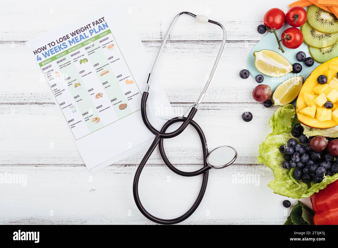 Frucht mit Loss Weight Plan Stethoskop Stockfoto
