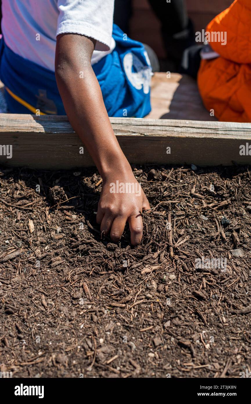 Kinderhand greift Gartenboden Stockfoto