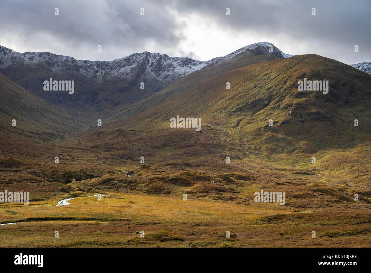 Herbstlandschaft der Highlands mit schneebedeckten Berggipfeln, Glen Sheil Ridge, River Cluanie Valley, Schottland, Großbritannien Stockfoto