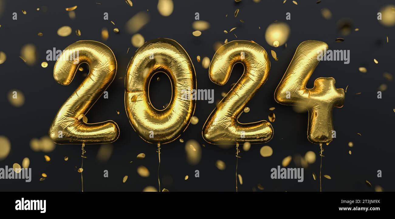 Happy New 2024 Year. 2024 goldene Folienballons und fallendes Konfetti auf schwarzem Hintergrund. Zahlen des goldenen Heliumballons. Festliches Poster- oder Bannerkonzept Stockfoto