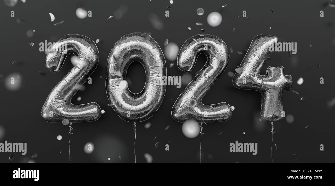 Happy New 2024 Year. 2024 silberne Folienballons und fallendes Konfetti auf schwarzem Hintergrund. Zahlen des silbernen Heliumballons. Festliches Poster oder Banner Conce Stockfoto
