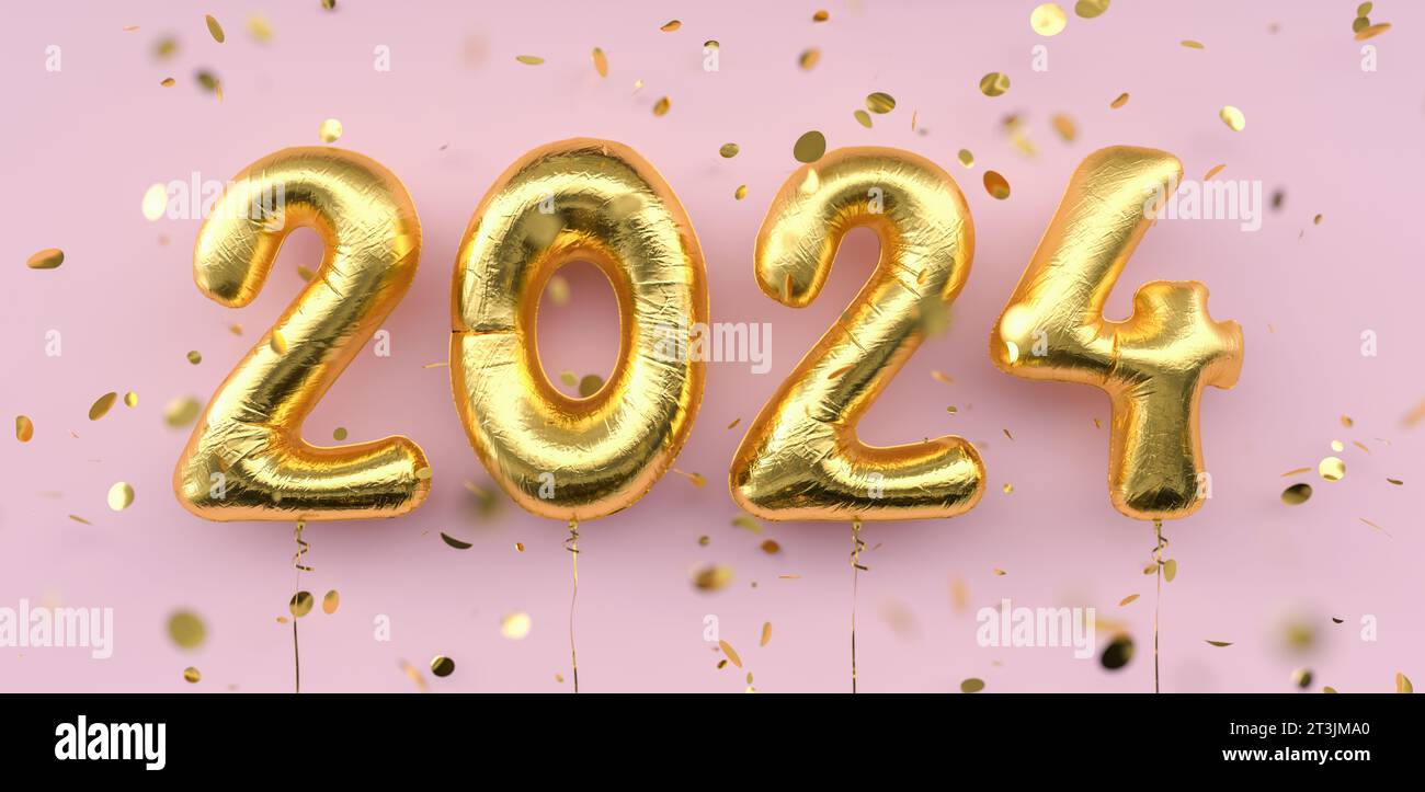 Happy New 2024 Year. 2024 goldene Folienballons und fallendes Konfetti auf rosa Hintergrund. Zahlen des goldenen Heliumballons. Festliches Poster- oder Bannerkonzept Stockfoto