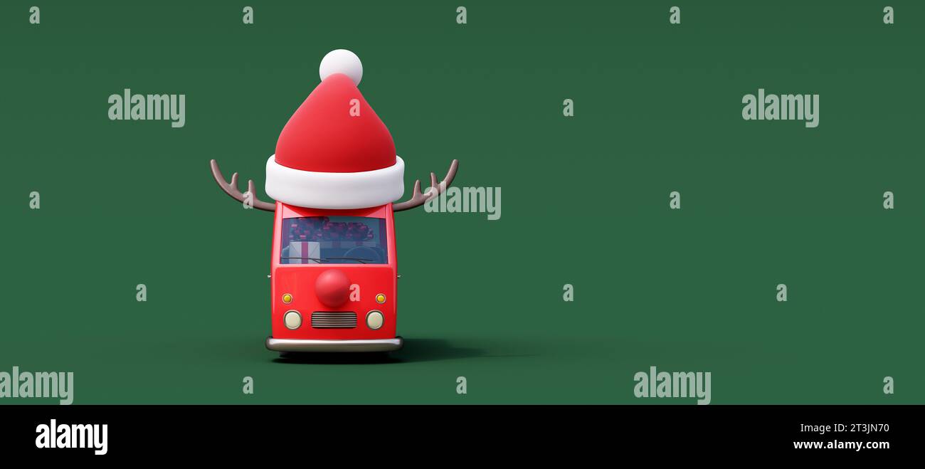 Niedlicher roter Bus mit Weihnachtsmütze und Weihnachtsgeschenken auf grünem Hintergrund 3D-Rendern 3D-Illustration Stockfoto