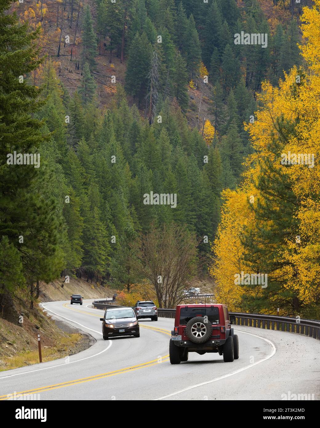 Leavenworth, WA, USA - 22. Oktober 2023; Verkehr auf dem US 2 Highway durch den Tumwater Canyon mit saisonalen Farben auf Bäumen Stockfoto