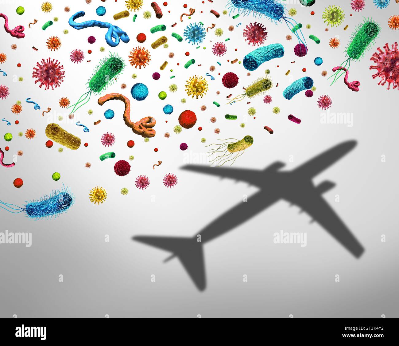 Flugzeugkeime und Reiserisiko einer Virus- oder Bakterieninfektion in Flugzeugen und Keimhygiene bei Flugflügen und die Gefahren für Touristen Stockfoto