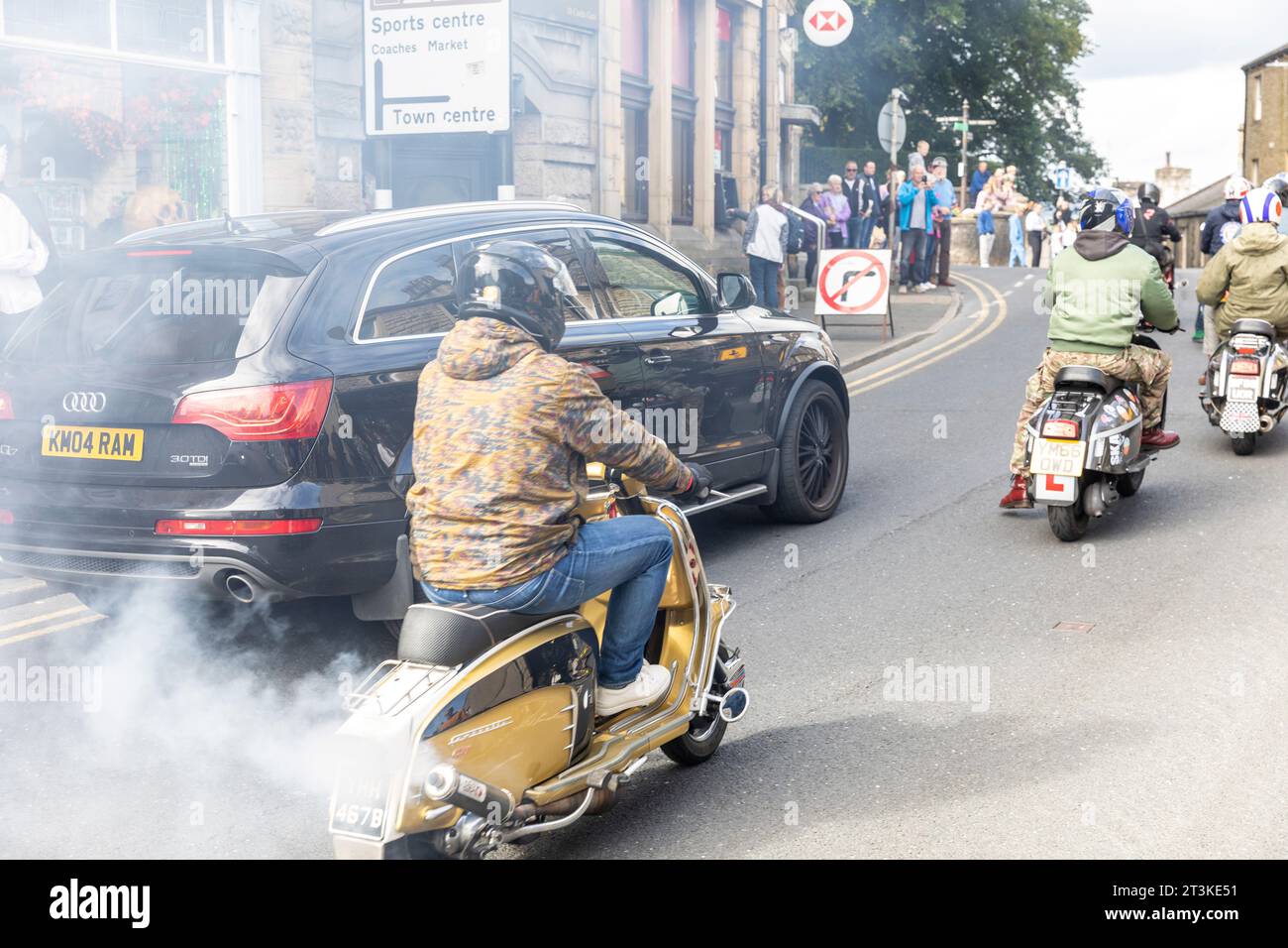 Clitheroe Lancashire, im Jahr 2023, die jährliche Ribble Valley Scooter Rallye, sah rund 500 Motorroller bei der 3-Tage-Rallye in England, Großbritannien im September 2023. Stockfoto