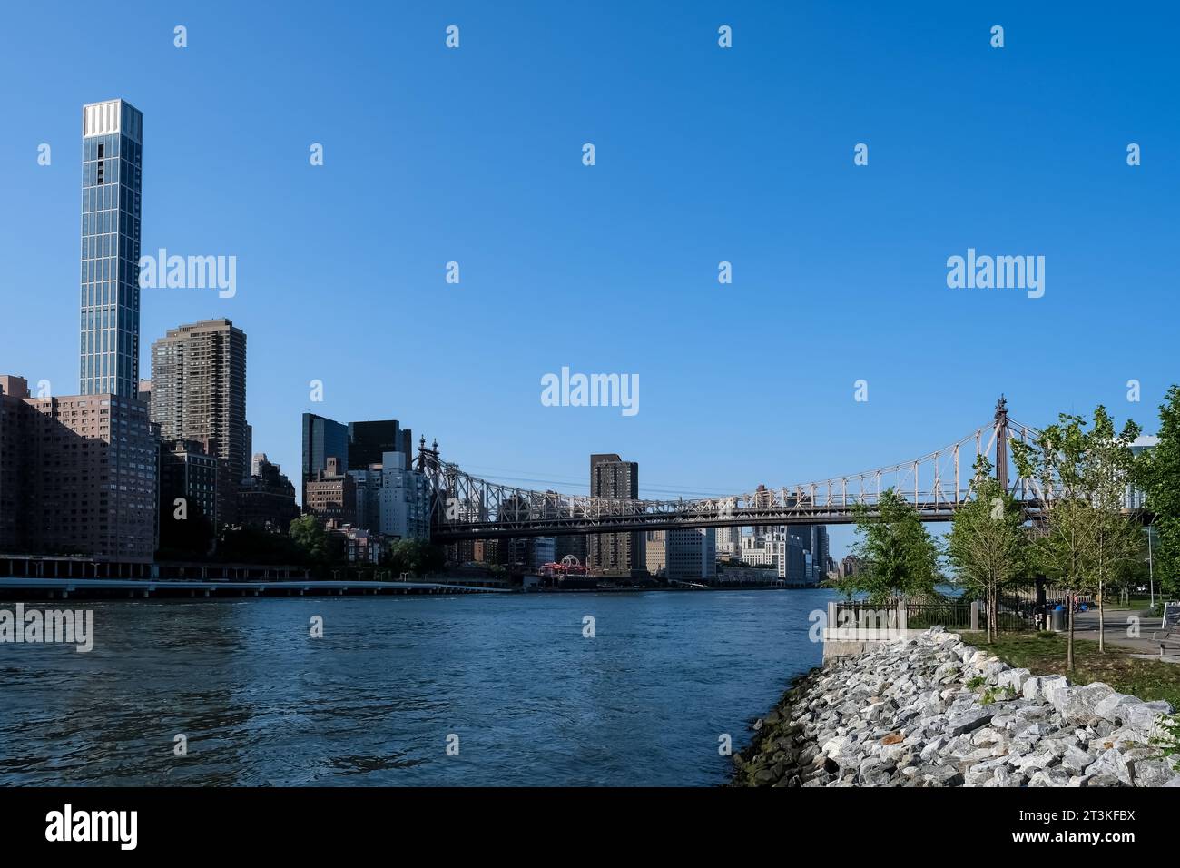 Stadtbild von Manhattan vom Franklin D. Roosevelt Four Freedoms Park, einem Denkmal an der Südspitze von Roosevelt Island Stockfoto