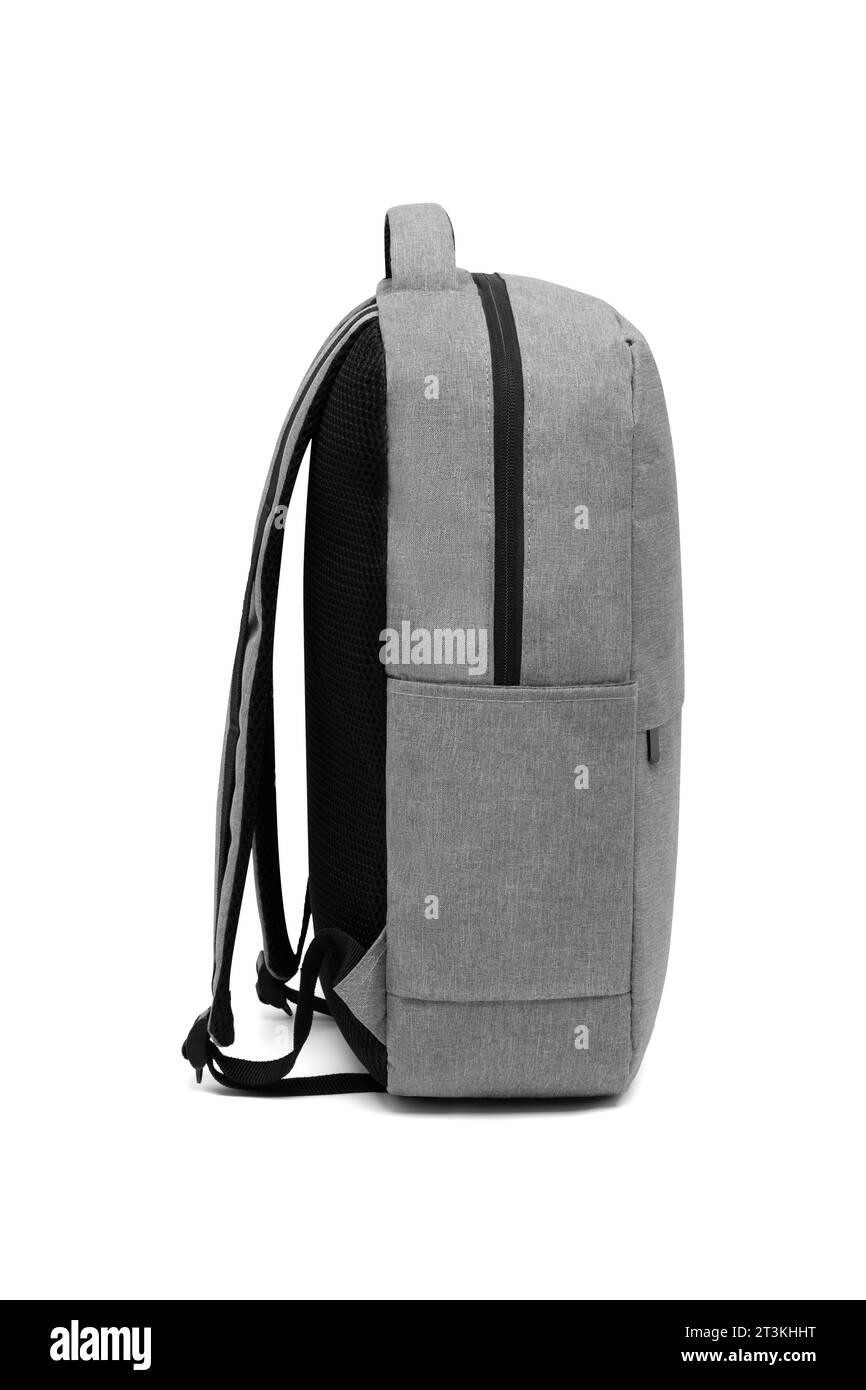 Laptop-Rucksack-Tasche mit großem Fassungsvermögen in neuem Design isoliert auf weißem Hintergrund mit Schneidepfad. Reise-College-Schulrucksack. Seitenansicht. Stockfoto