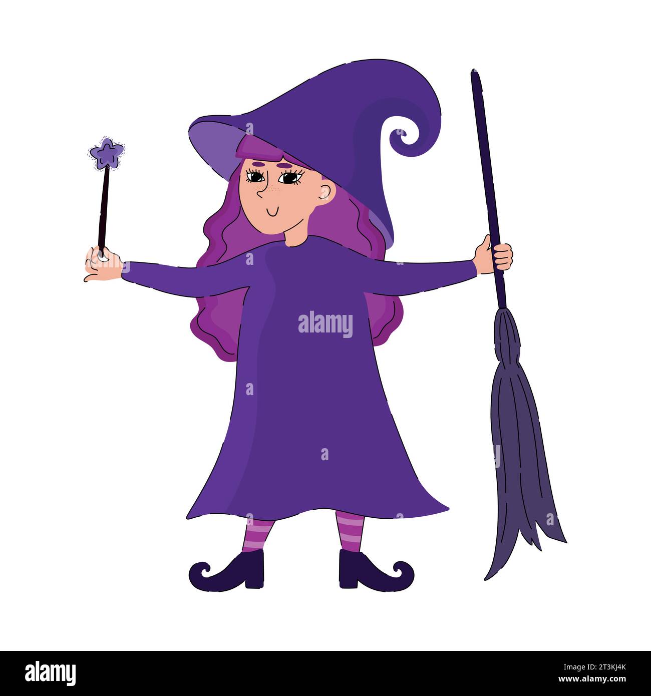 Niedliche Zeichentrickhexe mit Zauberstab und Besen. Hand gezeichnete Halloween Vektor-Illustration Stock Vektor