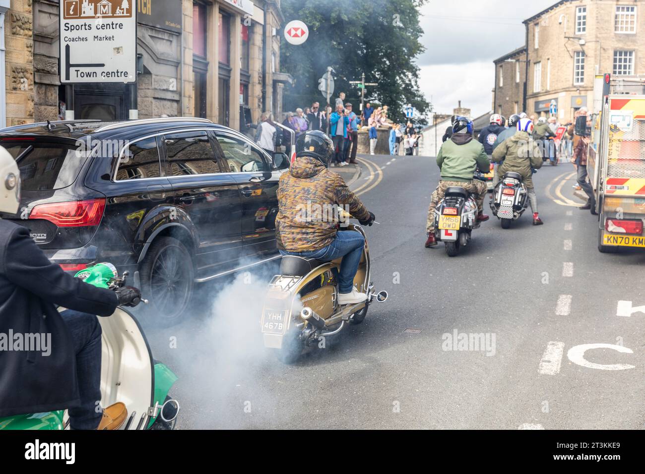 Scooter Rallye, der Ribble Valley Scooter Club trifft sich in Clitheroe Lancashire zu einer 3-tägigen Rallye-Veranstaltung, England, Großbritannien, september 2023 Stockfoto