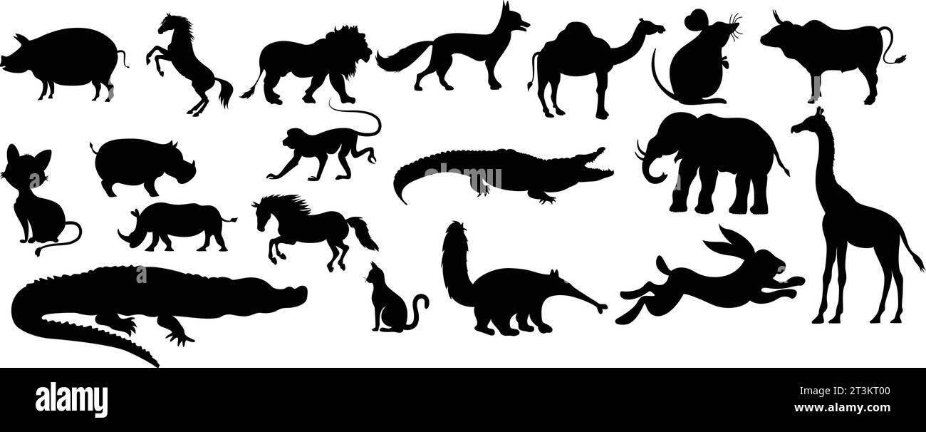 Vektorzeichnung Stil der Tiere suilhouette große Set Sammlung Stock Vektor