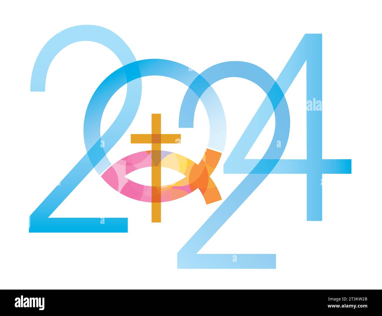 Jesus-Fischsymbol, Neujahr. 2024 Neujahr mit Jesu Fischsymbol mit Kreuz. Isoliert auf weißem Hintergrund. Vektor verfügbar. Stock Vektor