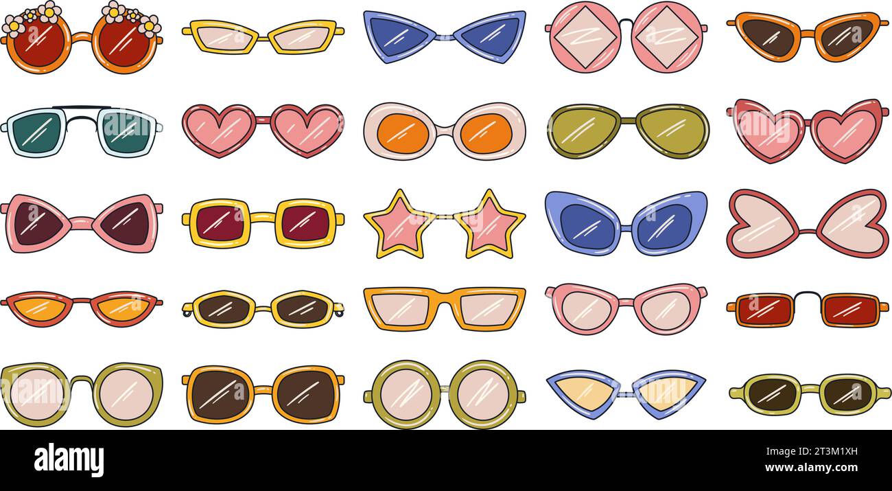 Set aus verschiedenen Hippie-Sonnenbrillen im Retro-Stil. Verschiedene Formen wie Kreis, Herzform, mit Blumen, Sternform. Stock Vektor