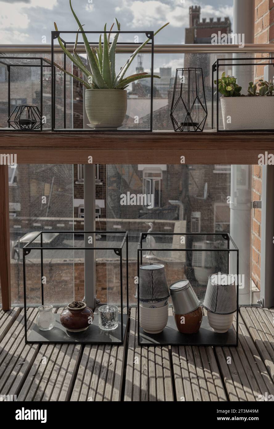 Aloe Vera Pflanze wächst in einem ähnlichen Keramiktopf auf einem Balkon mit herrlichem Blick auf die Stadt bei Tageslicht. Ich züchte Aloe Vera in HO Stockfoto