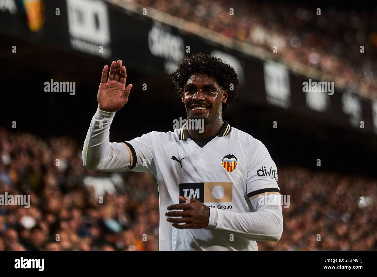 Thierry Correia von Valencia CF reagiert beim LaLiga EA Sports Spiel zwischen Valencia CF und Cadiz CF im Estadio Mestalla am 23. Oktober 2023 in V Stockfoto