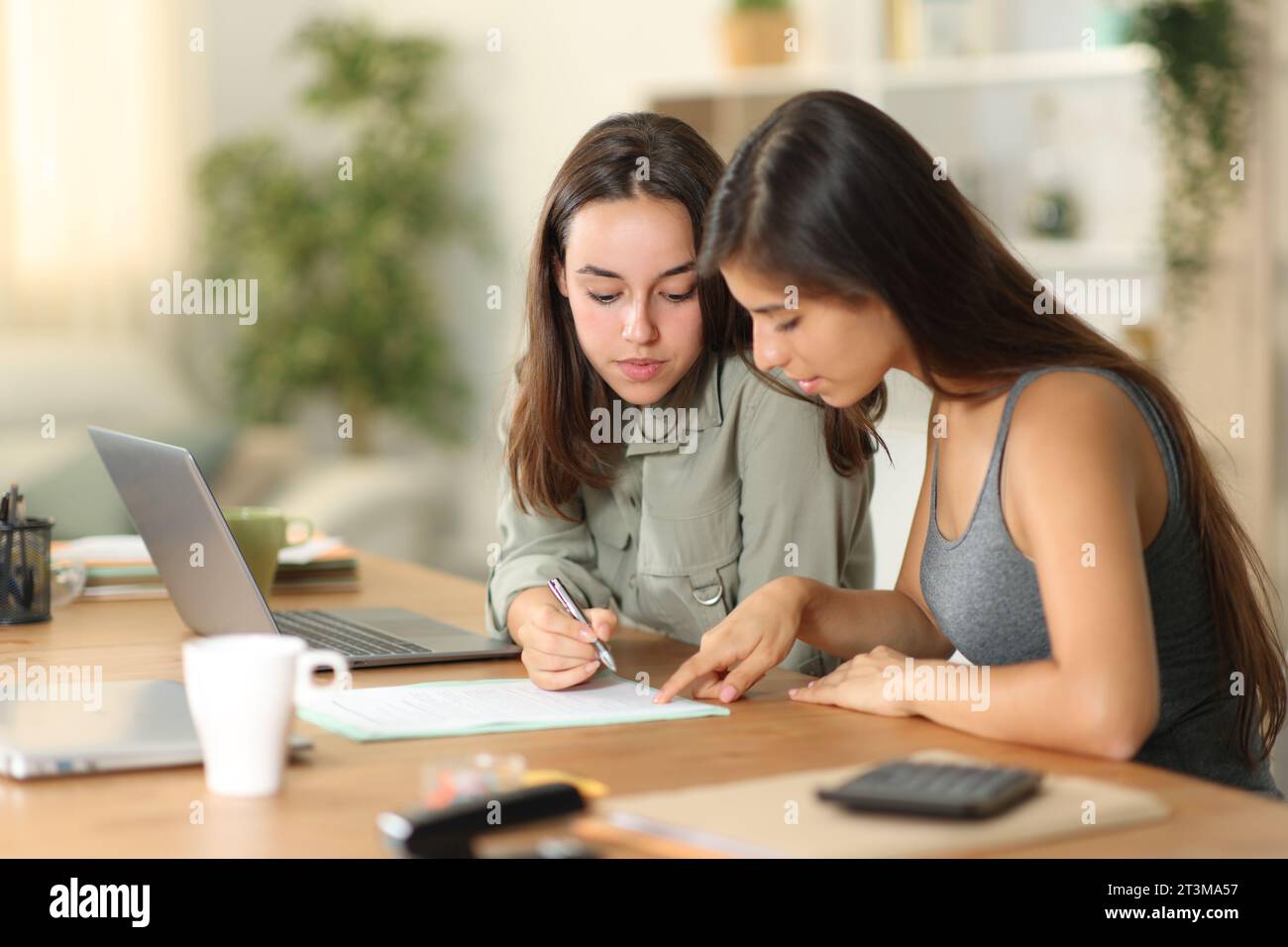 Zwei Telearbeiter lesen und unterzeichnen zu Hause einen Vertrag Stockfoto