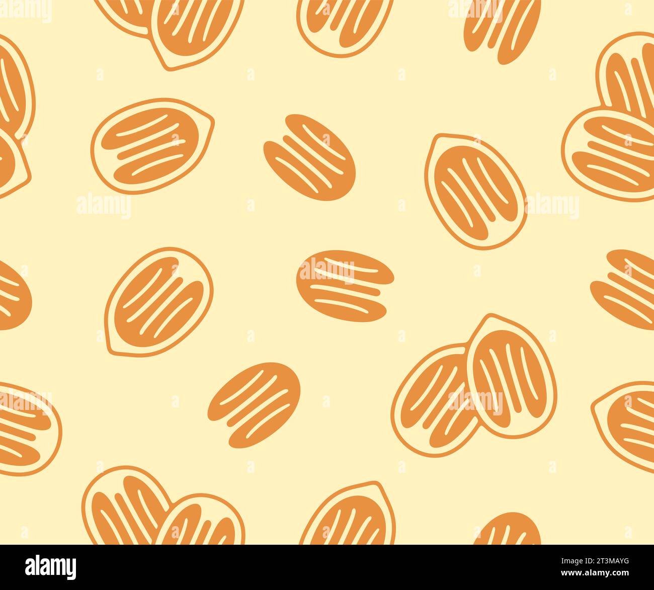 Pekannuss, nussig, Pflanze, Nahrung und Mahlzeit, nahtloser Vektor Hintergrund, Muster. Früchte, Körner, Samen, Ernährung, Natur, Essen und Essen, Vektordesign Stock Vektor