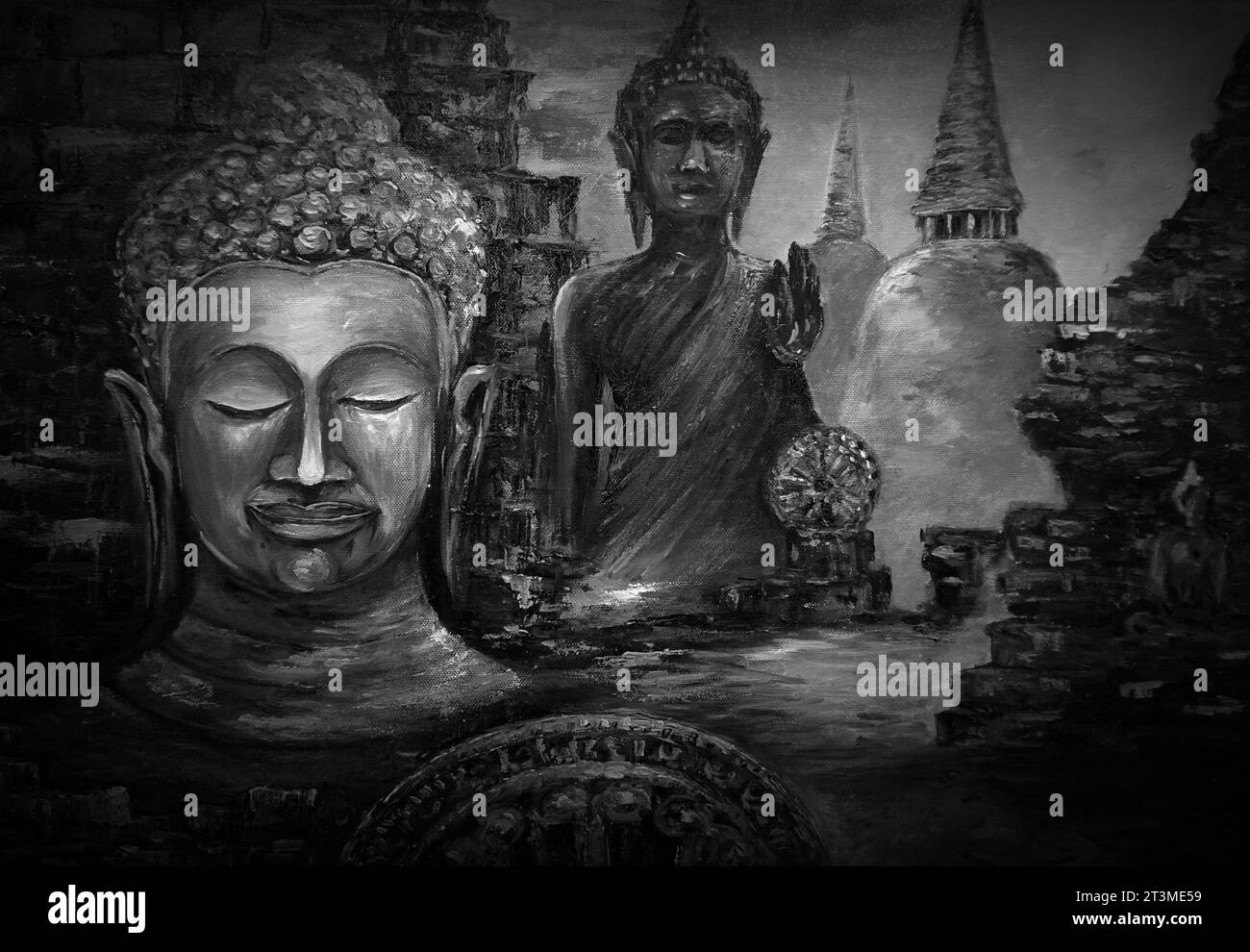 Original Kunstgemälde Ölfarbe Weiße und schwarze Buddha Statue thailand Stockfoto