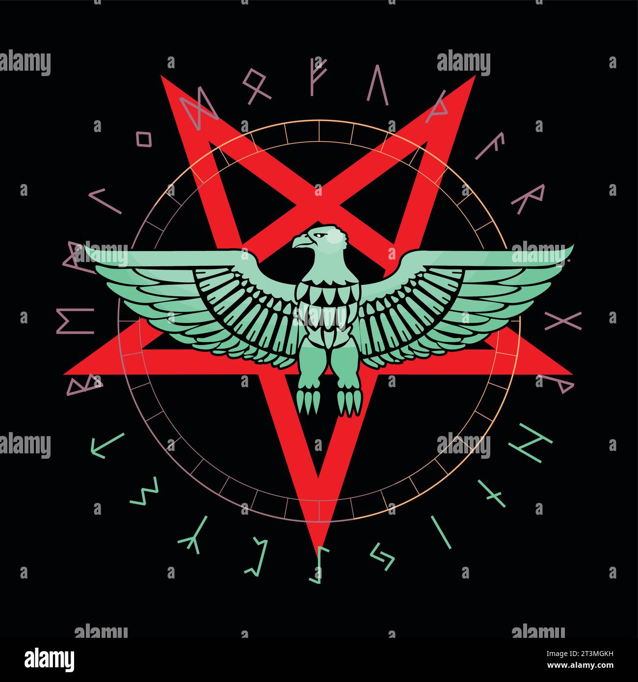 T-Shirt-Design eines Adlers, eines umgedrehten fünfzackigen Sterns, umgeben von einem Runenalphabet. Gute Illustration für satanische Themen. Stock Vektor