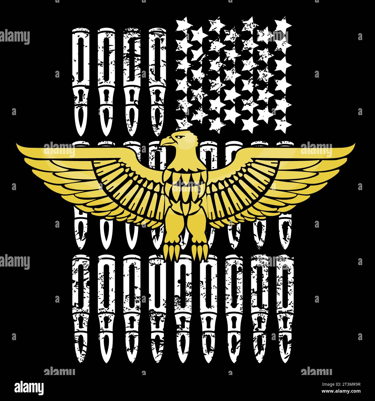 T-Shirt-Design eines goldenen Adlers neben der US-Flagge aus Kugeln und Sternen. Nordamerikanische patriotische Illustration. Stock Vektor