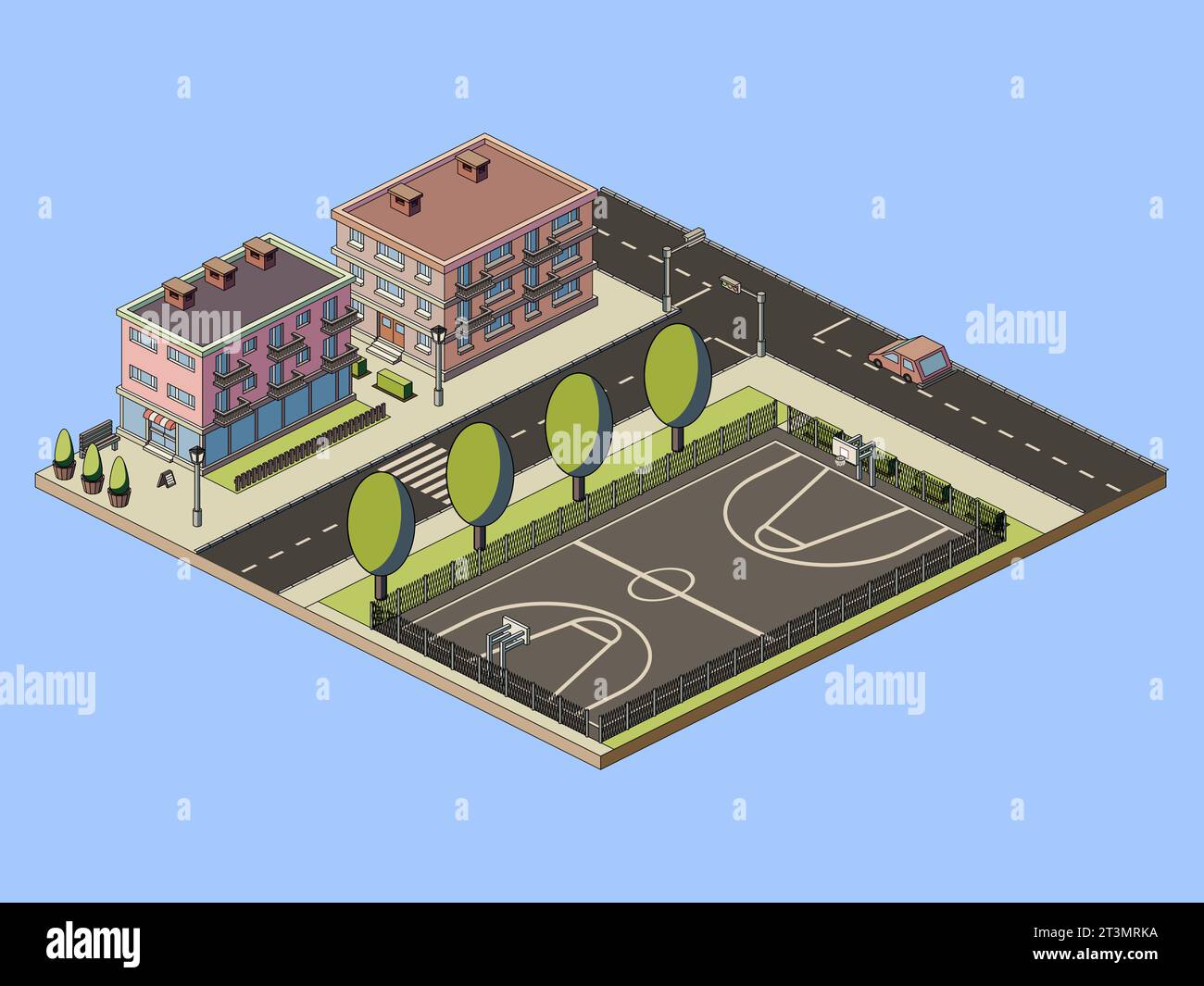 Illustration der isometrischen Stadtlandschaft mit Basketballfeld, Vektorillustration. Stock Vektor