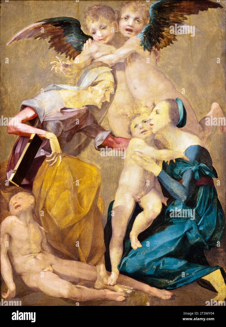 Giovanni Battista di Jacopo nannte Rosso Fiorentino, Allegorie der Erlösung mit der Jungfrau und dem Christuskind, die Heilige Elisabeth, den jungen Johannes dem Täufer und zwei Engel, Gemälde in Öl auf Tafel, um 1521 Stockfoto