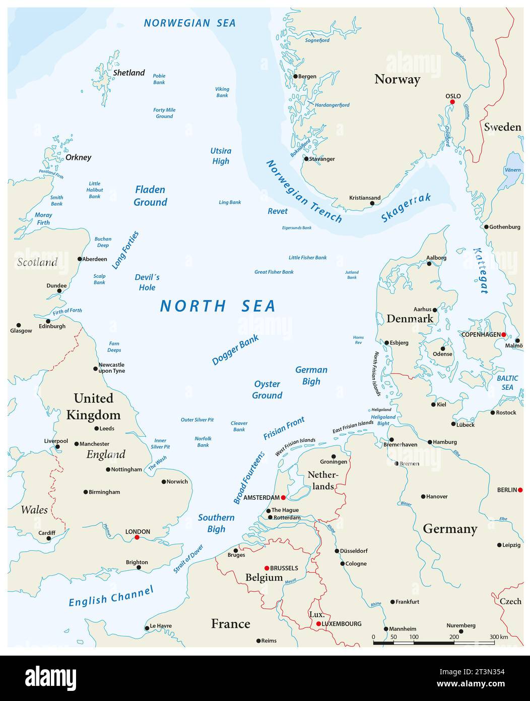 Karte des Nordseebeckens und der umliegenden Länder Stockfoto