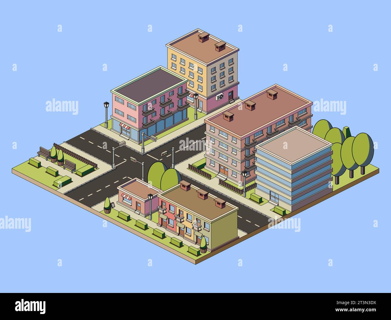 Illustration der isometrischen Stadtlandschaft, Vektorillustration. Stock Vektor