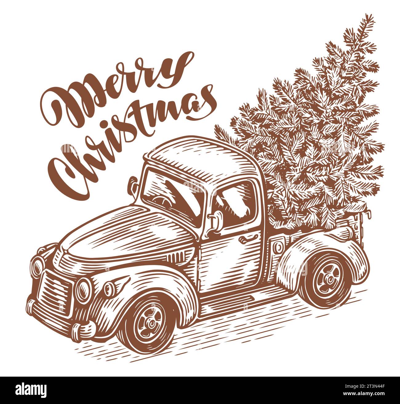 Handgezeichneter Retro-Truck und Weihnachtsbaum auf der Rückseite eines Autos. Happy Holidays Skizze Vektor Illustration Stock Vektor
