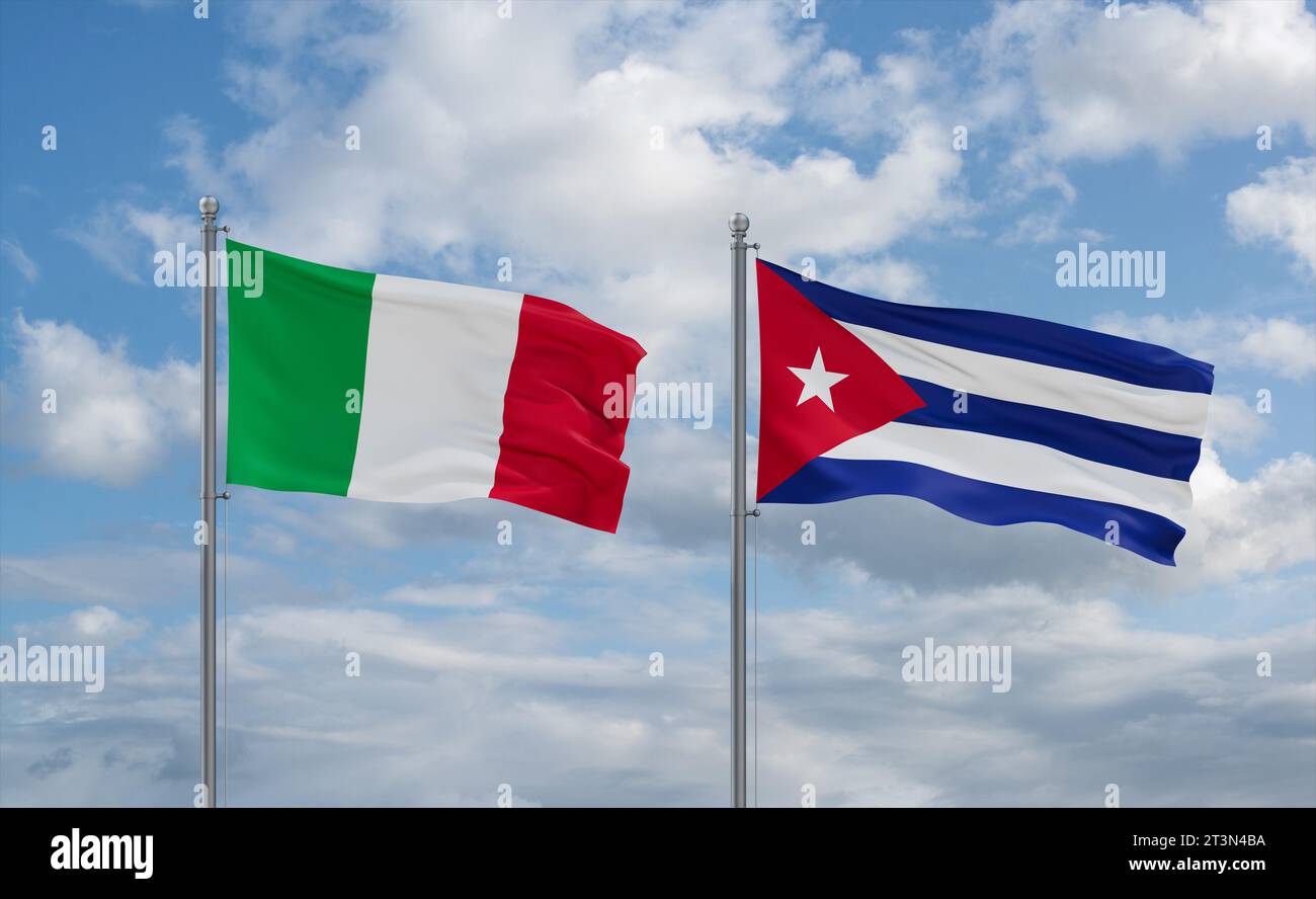 Kubanische und italienische Flaggen winken zusammen im Wind auf blauem bewölktem Himmel, zwei Länder-Beziehungskonzept Stockfoto