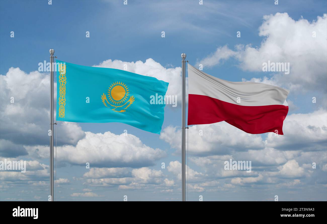 Polen und Kasachstan Flaggen. 3D-Design mit wehenden Fahnen. Polen