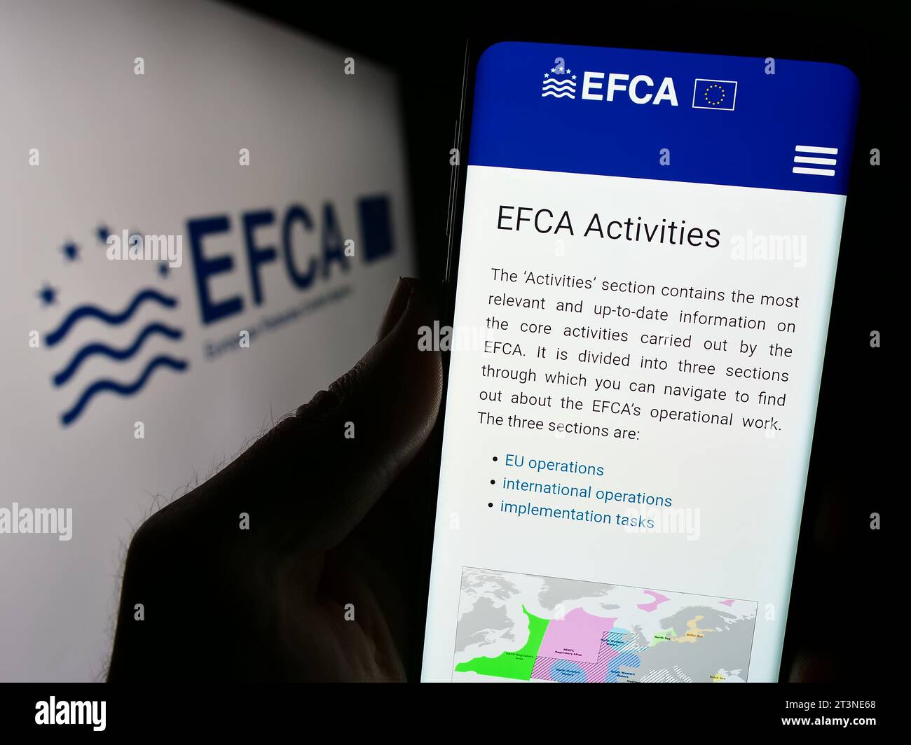 Person, die ein Mobiltelefon hält, mit Website der Europäischen Fischereiaufsichtsagentur (EFCA) des EU-Organs mit Logo. Konzentrieren Sie sich auf die Mitte des Telefondisplays. Stockfoto