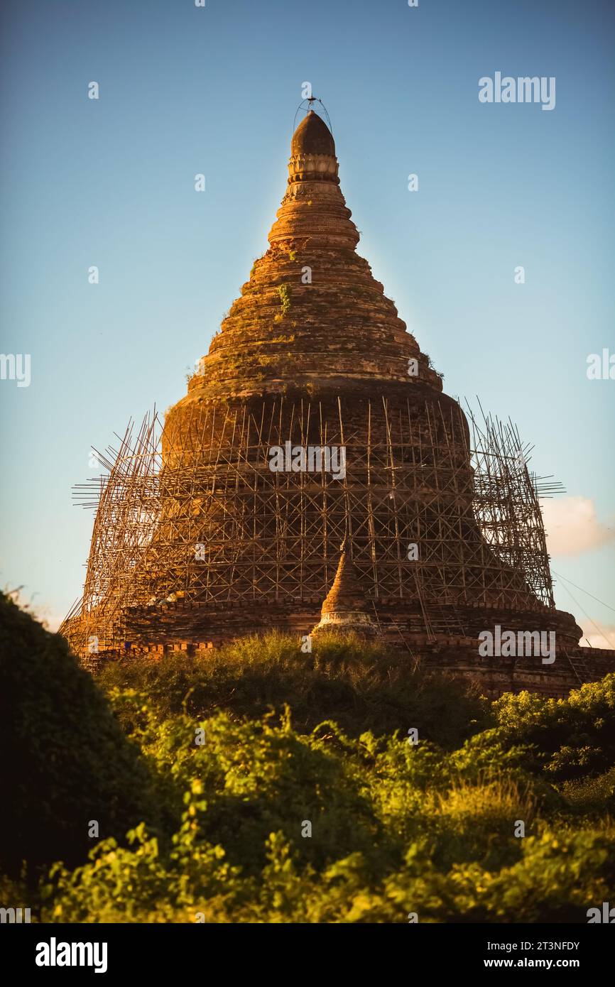 Myanmar, Bagan 7. September 2023: Tempel von Bagan im violetten Licht vor der Morgenröte. Stockfoto
