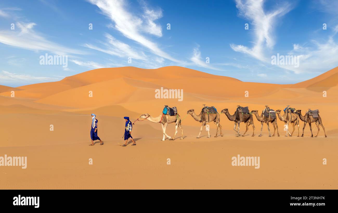 Sahara-Wüste, Marokko – 13. September 2022: Zwei Berber führen eine Kamelkarawane über Sanddünen Stockfoto