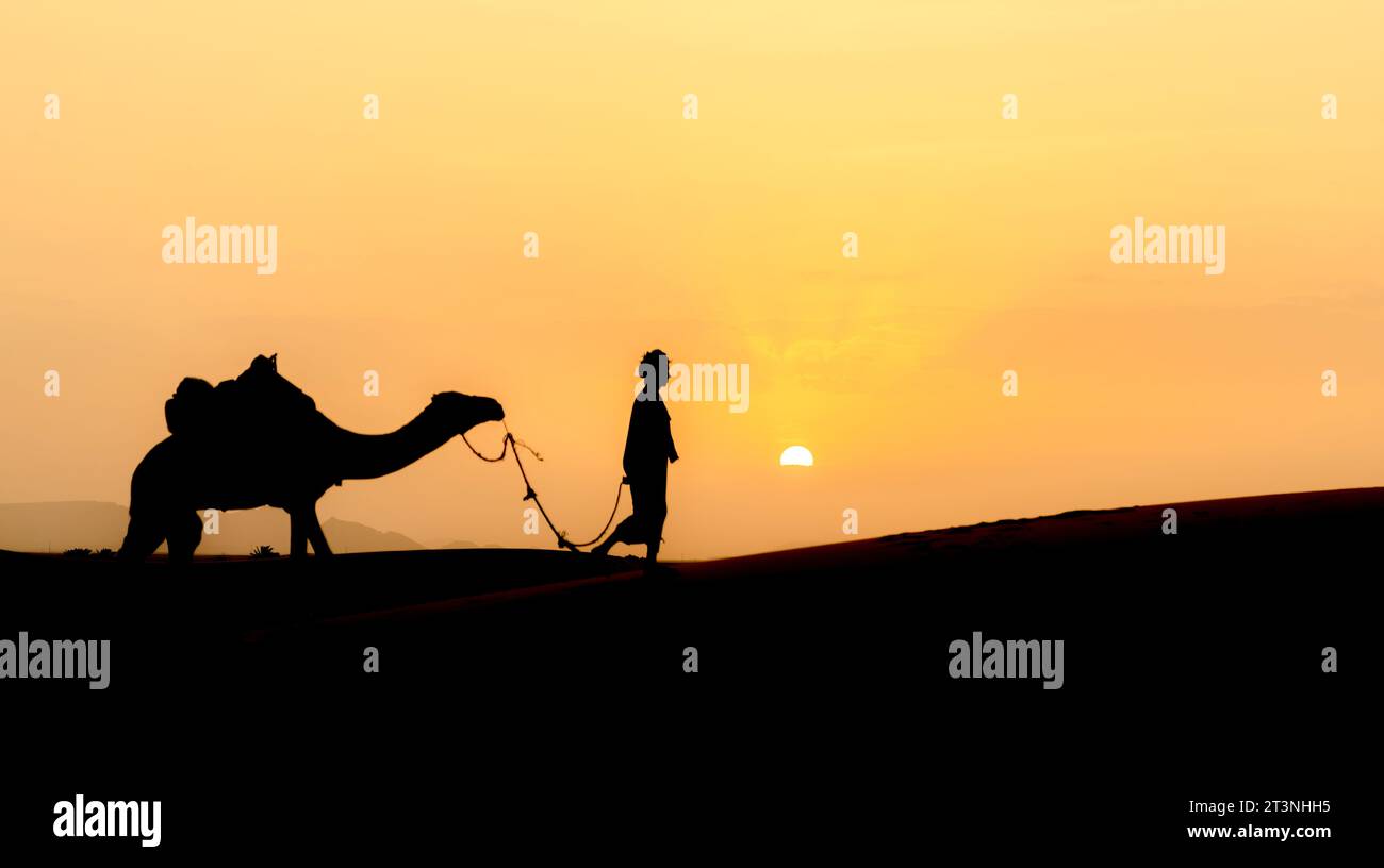 Silhouette eines nicht identifizierten Berbermanns, der während des Sonnenuntergangs in der Sahara, Marokko, Kamel über Sanddünen führt Stockfoto