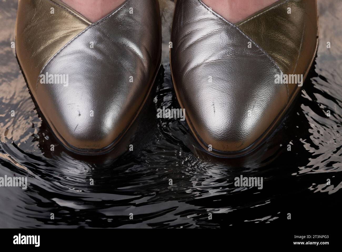Frauenfüße in Lederschuhen mit hohem Absatz, stehend mit Zehen im flachen Wasser Stockfoto