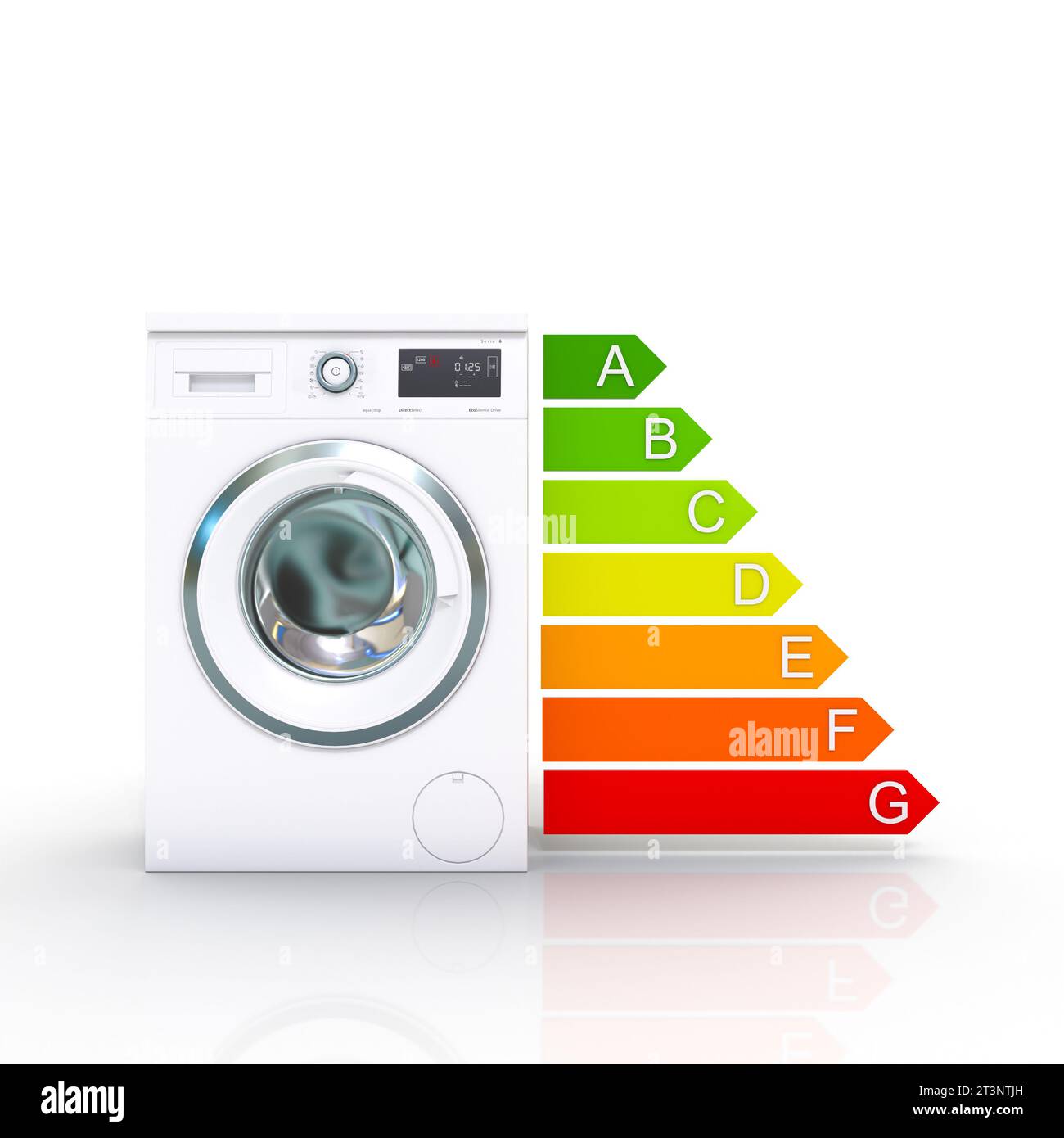 Waschmaschine und Energieklassifizierung mit Pfeilbalken. 3D-Rendering Stockfoto